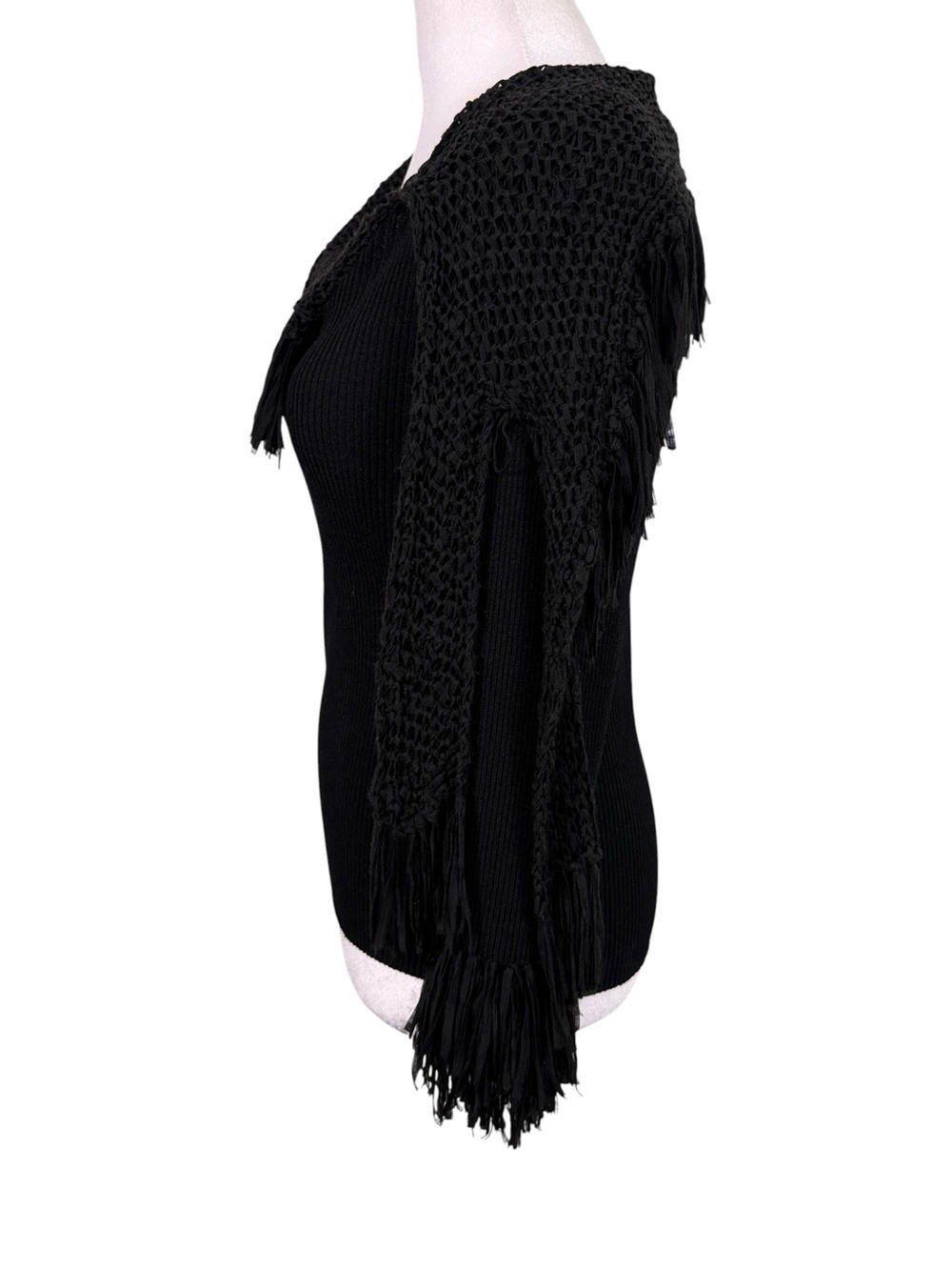 Pow Wow Black Fringe Crochet Sweater L Boho Western Festival Statement Top - Picture 7 of 14